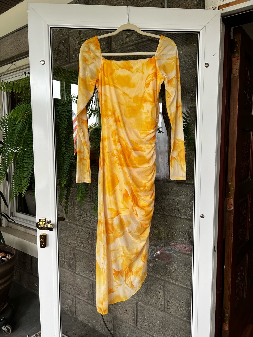 Yellow Floral Long-Sleeve Ruched Midi Dress